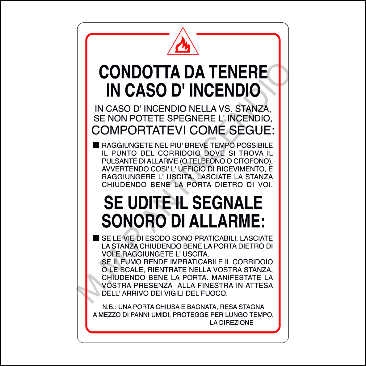 Cartello Norme da seguire in caso d'incendio per alberghi