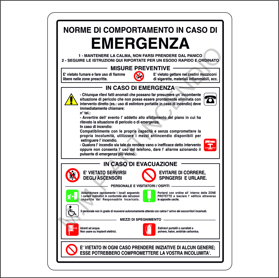 Cartello Norme di comportamento di caso di emergenza 2